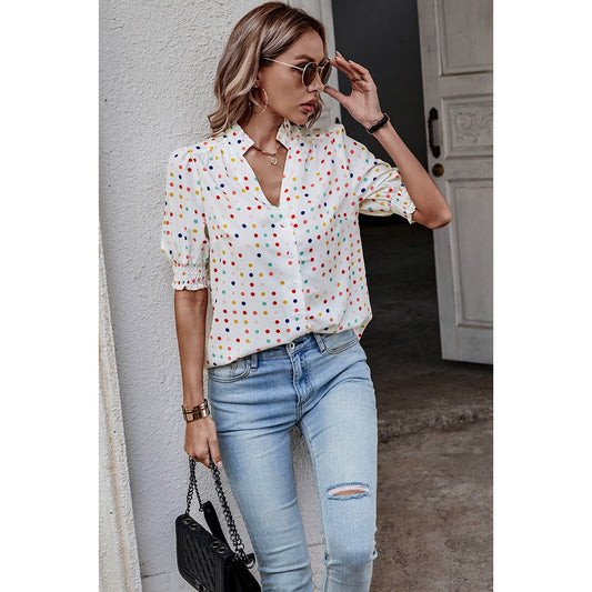 Polka Dot Print Puff Sleeve Button Shirt