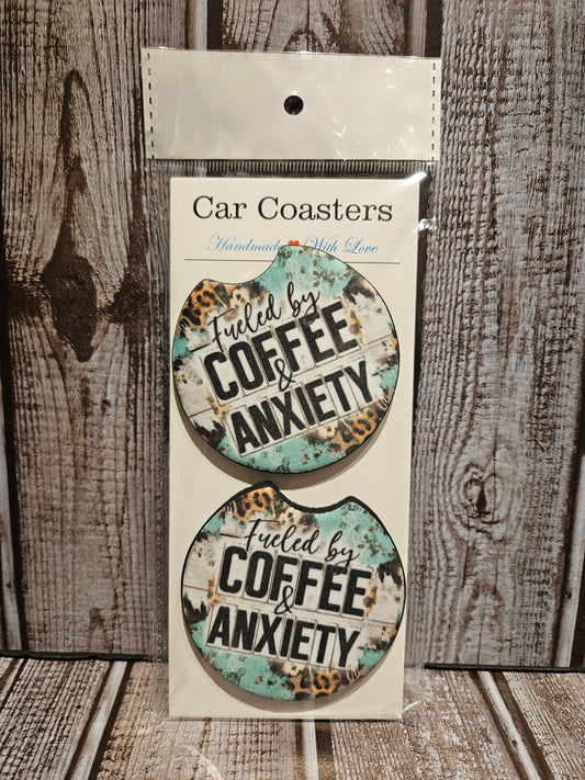 Fueled By Coffee & Anxiety Car Coaster Set