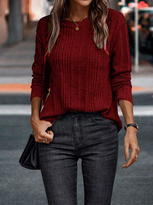 Casual Round Neck Red Long Sleeved Shirt