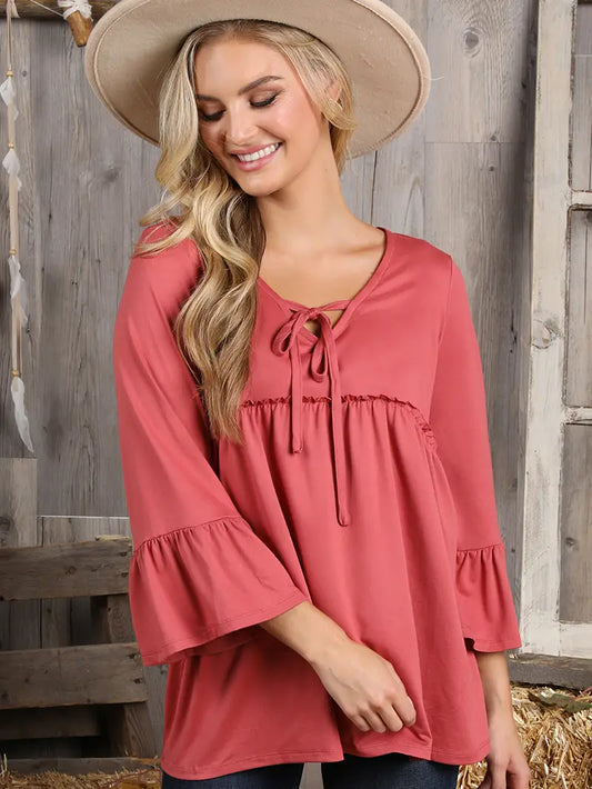 3/4 Sleeve with Neck String Detailed Top Cranberry