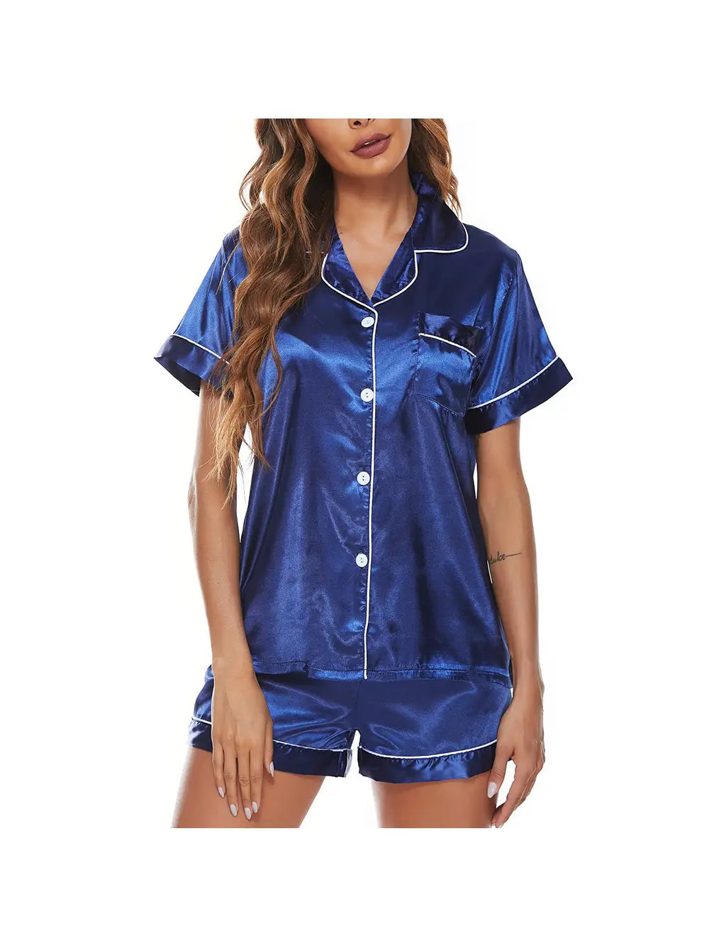 Satin Pajamas Set Loungewear Button-Down Blue Pj Sets