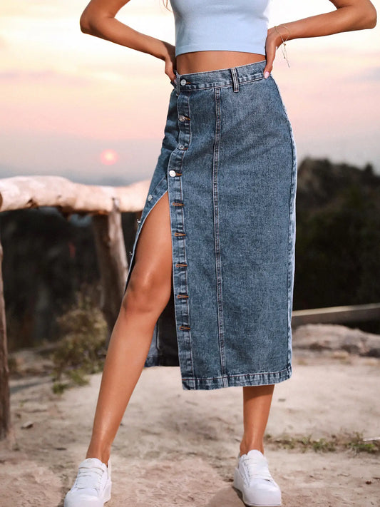 Simple Irregular Slit Denim High-Waisted Maxi Skirt