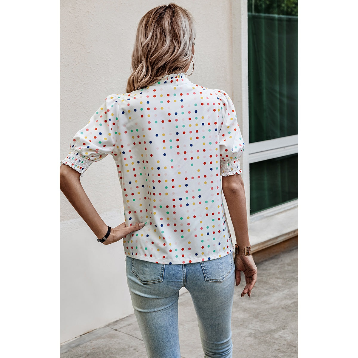 Polka Dot Print Puff Sleeve Button Shirt