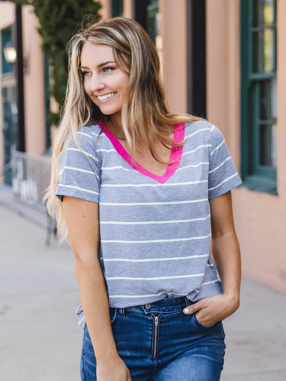 Contrast V-Neck Patterned Reese Top