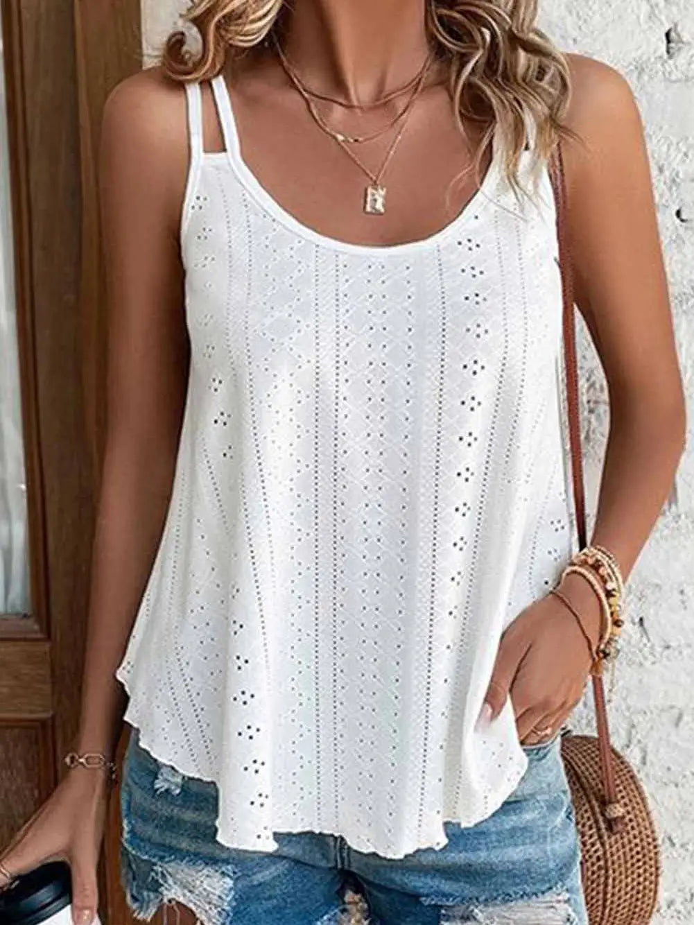 Eyelet Strappy White Scoop-Neck Tank Top