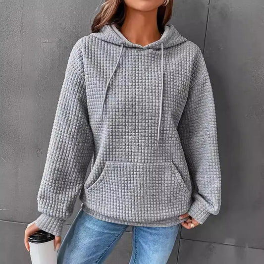 Women's Hoodies Waffle Round Neck Gray