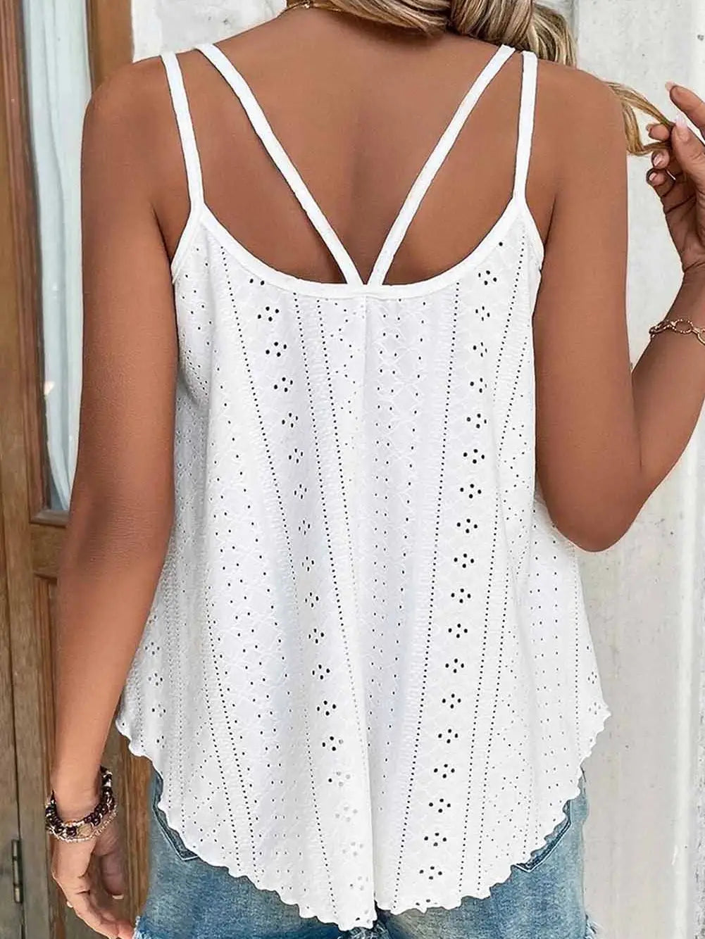 Eyelet Strappy White Scoop-Neck Tank Top