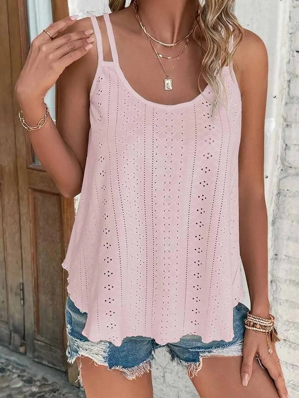 Eyelet Strappy Pink Scoop-Neck Tank Top