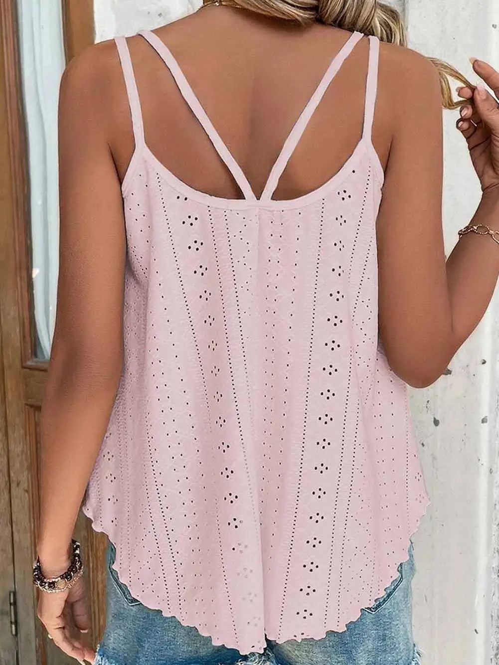 Eyelet Strappy Pink Scoop-Neck Tank Top