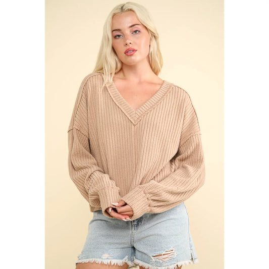 Casual Comfy Soft V-Neck Knit Top Mocha