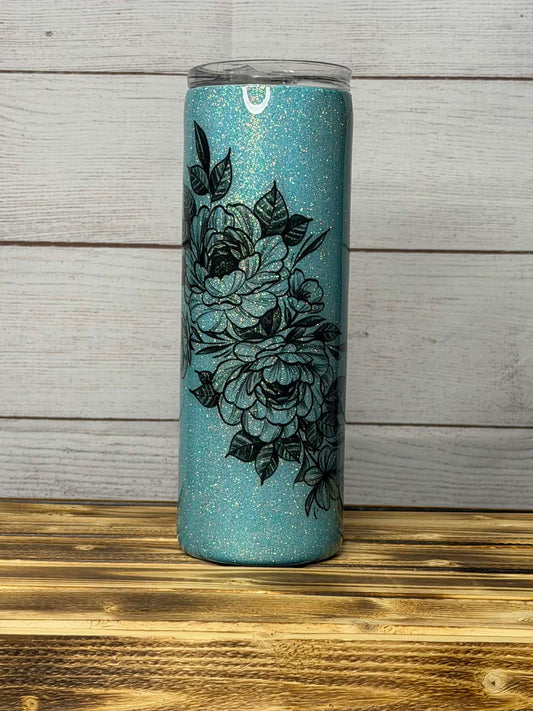 Blue Glitter Floral Epoxy Tumbler
