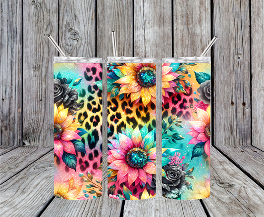 Tie Dye Sunflower and Leopard Tumbler