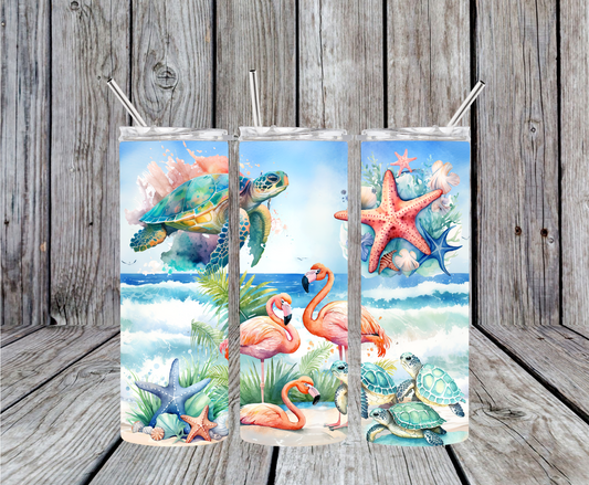 Flamingos and Turtle Tumbler