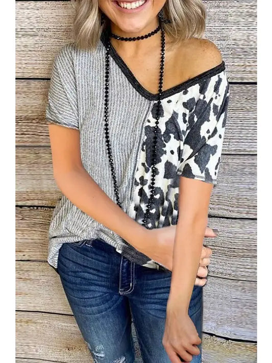 Cow Stripe V Neck Top