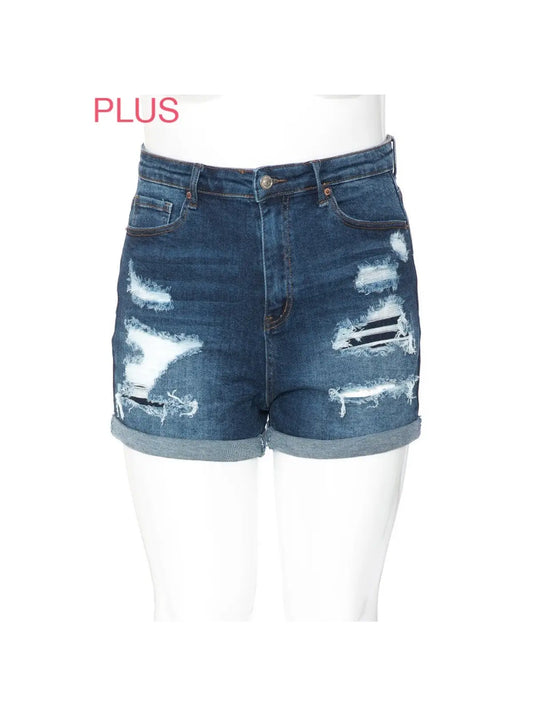 Plus Size Denim Rip and Repair Shorts Cuffed